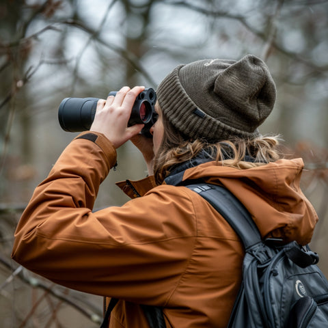 un observador de aves usando binoculares de 10x50